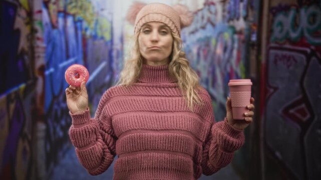 Woman holding pink donut and coffee cup, pursing lips in a graffiti alley wearing pink knit hat and sweater; urban snack break indifference.