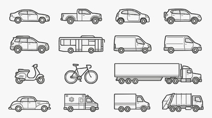 Dynamic Collection of Monochromatic Line Drawn Vehicles and Transport Icons for Design Projects © Celeng