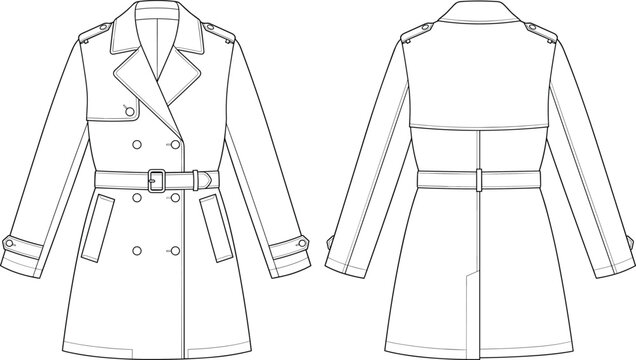 Women classic double breasted trench coat technical fashion sketch vector illustration template front and back view.