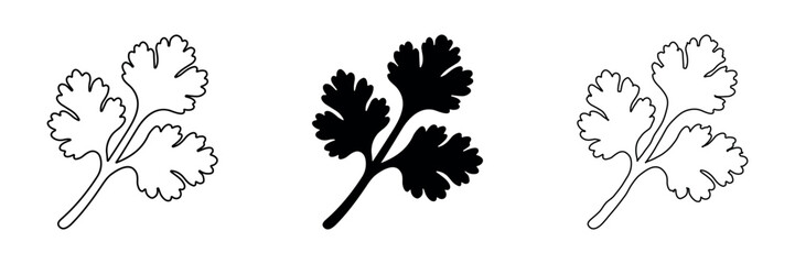 Fototapeta premium Collection of coriander leaf icons in outline, solid, and hand-drawn styles