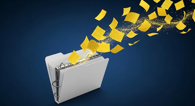 Concept of digital data transfer with yellow files flying out of a white folder on blue background.