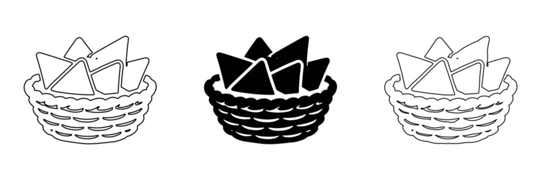 Basket of tortilla chips in outline, solid, and hand-drawn icon styles