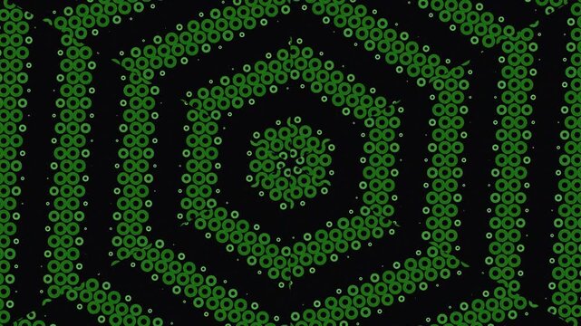 Geometric Hexagon Pattern: A mesmerizing abstract pattern featuring interlocking green hexagons formed from small rings, set against a dark background.