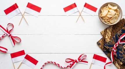 Fototapeta premium Indonesian Independence Day 17 Agustus Empty Template Background with Red and White Flags and Traditional Elements Photorealistic Stock Photo