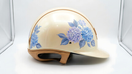 Fototapeta premium Luxury Cream Equestrian Helmet with Detailed Purple and Blue Hydrangea Botanical Artwork for Stylish Horseback Riding Gear