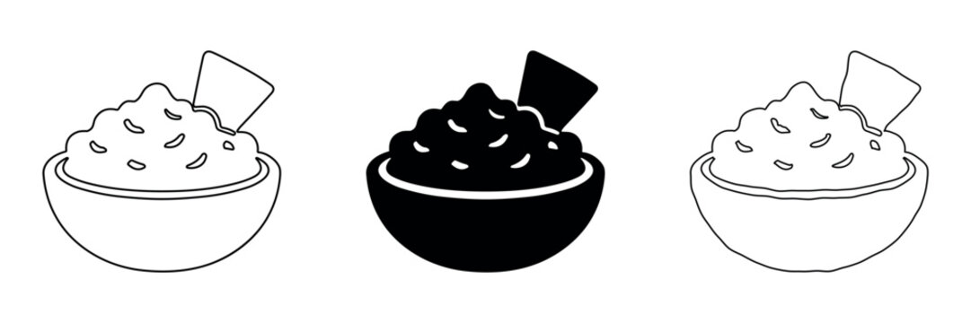 Guacamole and tortilla chip icons in outline, solid, and hand-drawn styles