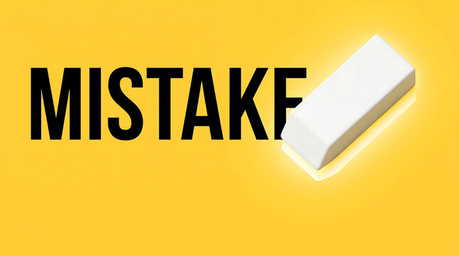 Error correction concept, mistake symbol, yellow background, white eraser