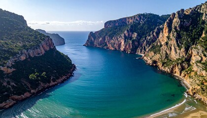 Fototapeta premium Aerial view of a stunning turquoise lagoon surrounded by rocky cliffs.