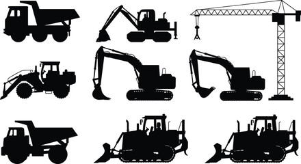 Silhouettes of construction vehicles including excavators, dump trucks, bulldozers, crane tower, heavy machinery equipment for industrial work, building and excavation projects © Mst