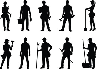 Naklejka premium Silhouettes of construction workers holding tools, industrial labor team, handyman and builder poses, professional trade workforce illustration for repair, maintenance and construction projects