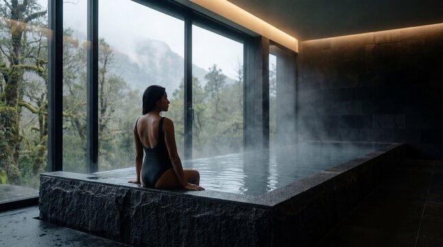 A woman in a black swimsuit sits by a steaming indoor pool, gazing out at a misty forest and mountains through large windows in a luxurious modern spa setting.
