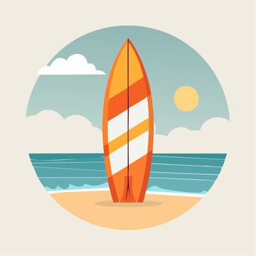 Surfboard on a sandy beach shore.