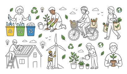 Fototapeta premium Hand Drawn Ecology Doodle People Set with Recycling Green Energy and Sustainable Living Vector