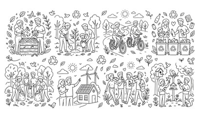 Obraz premium Eco Friendly Doodle Character Collection with Recycling Renewable Energy and Planet Care Vector