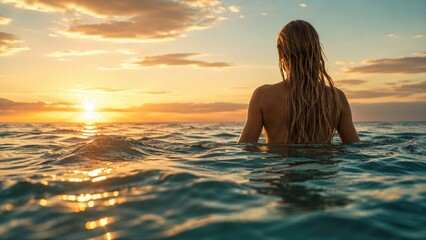 Fototapeta premium Woman Swimming in Tropical Ocean at Golden Sunset in Peaceful Summer Paradise Escape