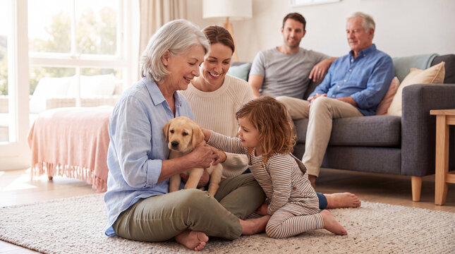 Grandmother, mother and daughter bonding with a puppy while father and grandfather sit together in the background. Three generations, multigenerational family and intergenerational bonding concept