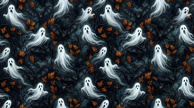 Seamless halloween pattern with spooky ghosts and bats in dark forest