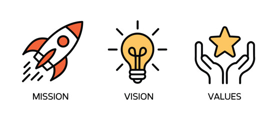 Obraz premium Mission Vision Values Icons: A set of three iconic graphic elements representing mission, vision, and values, symbolizing business growth and core principles.