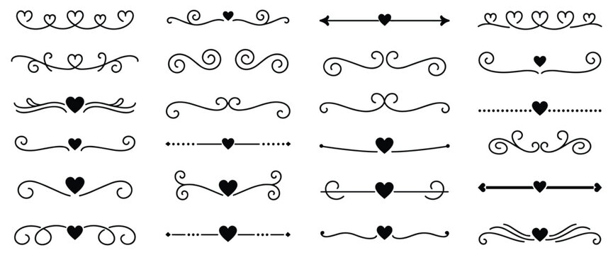 Decorative Heart Dividers: A collection of elegant, hand-drawn dividers featuring hearts and swirls, perfect for adding a touch of romance and charm to invitations, stationery, and digital designs.