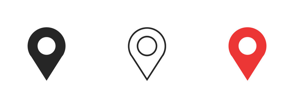 Map Pin Icons: A collection of three map pin icons, one solid black, one outlined, and one solid red, symbolizing location and navigation.