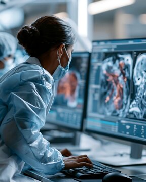Healthcare professional reviewing AI-assisted medical imaging on diagnostic workstation. Artificial intelligence workflow, clinical decision support and digital healthcare technology