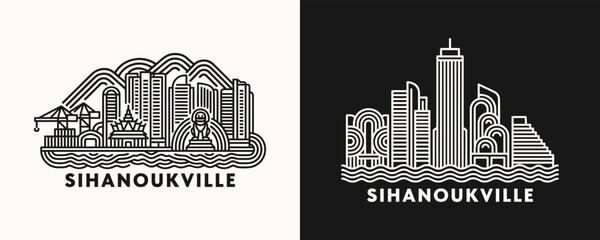 Fototapeta premium Sihanoukville Cambodia cityscape illustration with line art skyline featuring coastal buildings and landmarks in minimalist graphic style