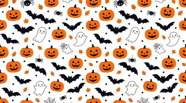 Seamless halloween pattern with pumpkins, ghosts, bats, spiders, and autumn leaves isolated on white background