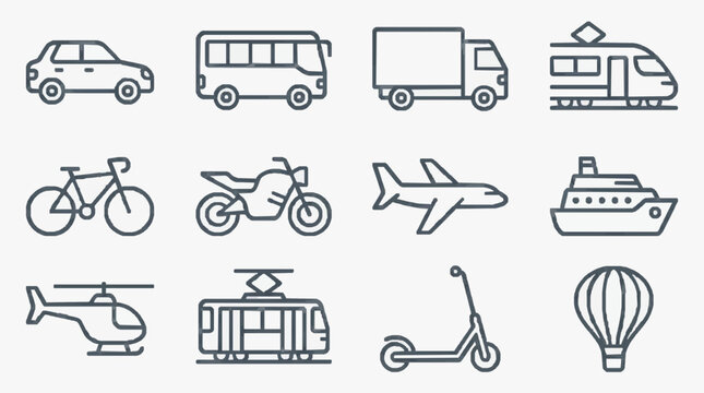 Elegant Minimalist Line Drawing Set of Various Transportation Vehicles and Modes in Monochrome with high quality professional line art symbols for modern creative design and digital branding projects
