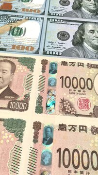 Vertical Dollar and Japanese Yen 10000 Currency Exchange Loop Background Business Finance Motion