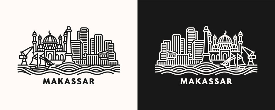 Makassar Indonesia cityscape illustration with line art skyline featuring coastal buildings and landmarks in minimalist graphic style