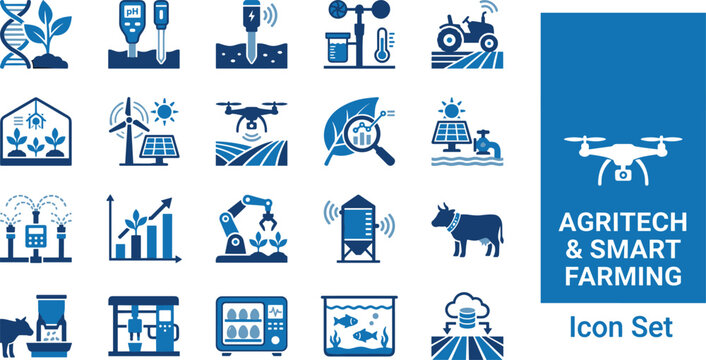 Agritech and smart farming icon set. Agritech duotone icon collection set.Containing drone; tractor; greenhouse; energy; solar; irrigation; harvester and more. vector icons collection.