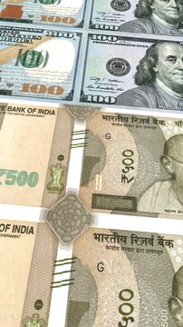 Vertical Dollar and Indian Rupee 500 Currency Exchange Loop Background Business Finance Motion