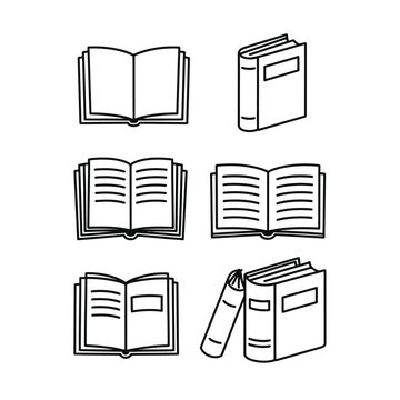 本のイラストセット：開いた本と閉じた本のシンプルな線画アイコン