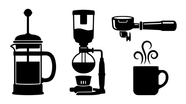 Coffee brewing methods collection with French press siphon and espresso portafilter in flat vector style