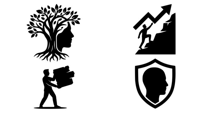 Human head tree growth with roots and achievement climbing graphic vector illustration concept