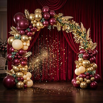 Elegant burgundy and gold balloon arch for happy birthday celebrations