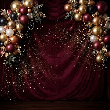 Elegant happy birthday backdrop with balloons and burgundy curtains