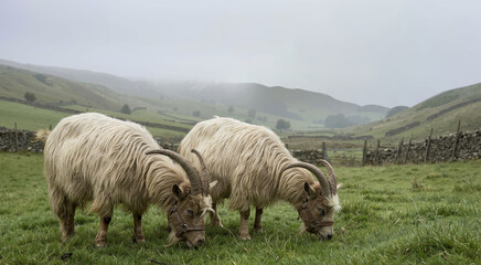 Fototapeta premium Two shaggy goats with large horns grazing on green grass. Animals wearing halters in a foggy morning valley with stone walls. Year of the goat