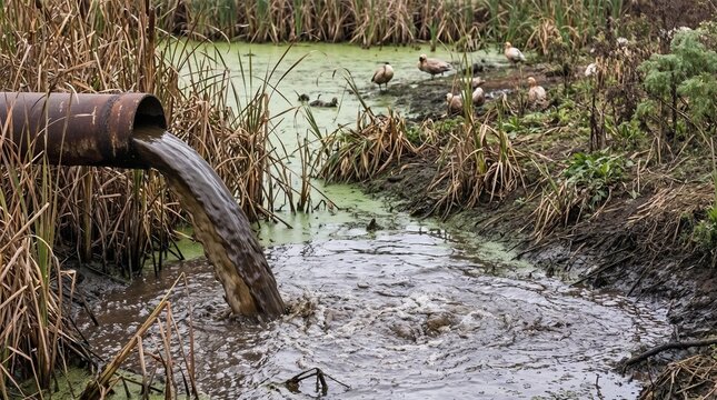 Toxic industrial sludge contaminating a green wetland with damaged vegetation and ecosystem decline