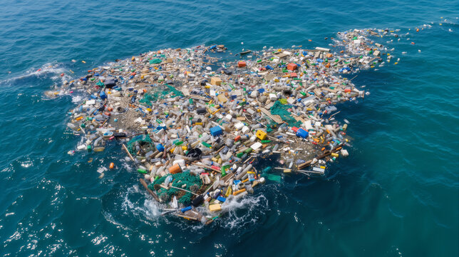 Aerial view of a massive floating plastic waste accumulation in a turquoise ocean highlighting pollution
