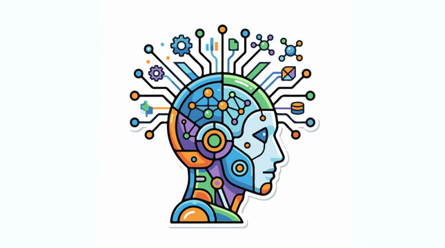 Stylized robot head with circuits gears and data nodes