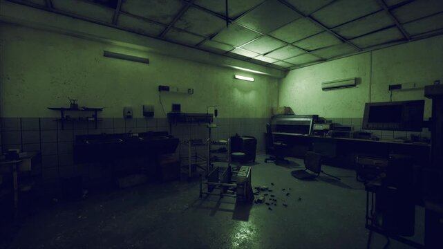 Greenlit multipurpose hall scattered with tables and chairs, reflective wet floor and high ceiling, industrial emptiness and eerie quiet suggestive of long