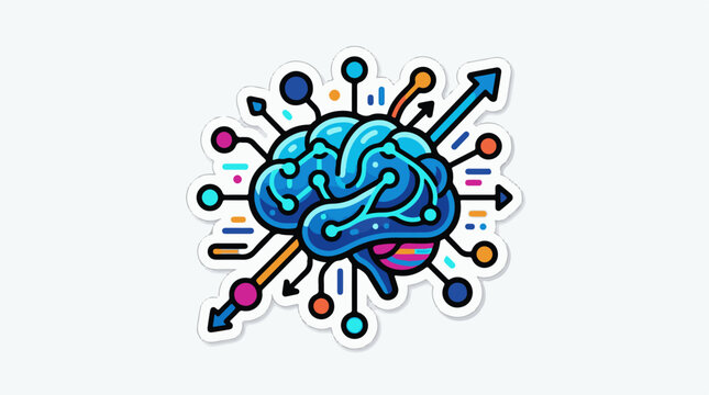Stylized blue brain with digital connections and growing arrows