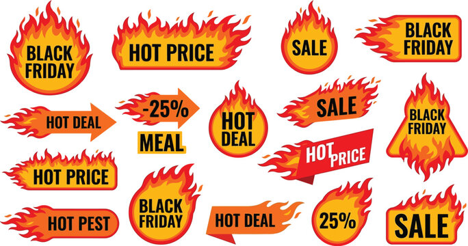 Flaming Hot Deal and Sale Stickers Vector Set