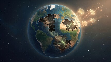 Fototapeta premium Puzzle Globe with Missing Pieces – Global Challenges and Unity Concept Illustration