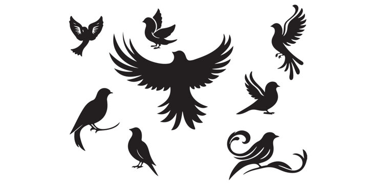Black birds silhouettes set, flock of flying birds vector illustration eps 10