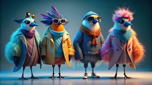 Four fashionable fowl strut their stuff in trendy winter attire, complete with chic accessories and shades of cool