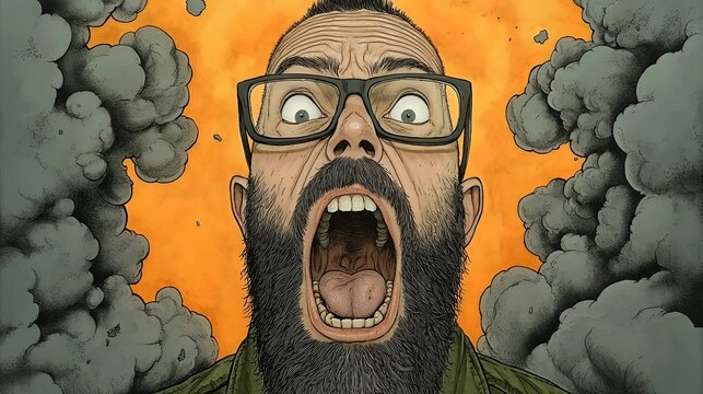 Shocked Man Screaming Amidst Dark Smoke and Orange Background