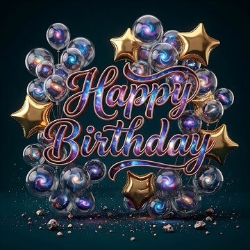Happy birthday celebration galaxy balloons and gold stars festive design