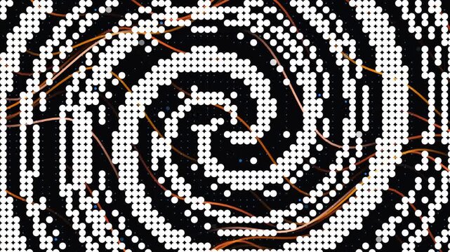 Abstract Spiral Pattern: A mesmerizing black and white abstract pattern unfolds in a spiral motion, adorned with subtle hints of orange and copper streaks.